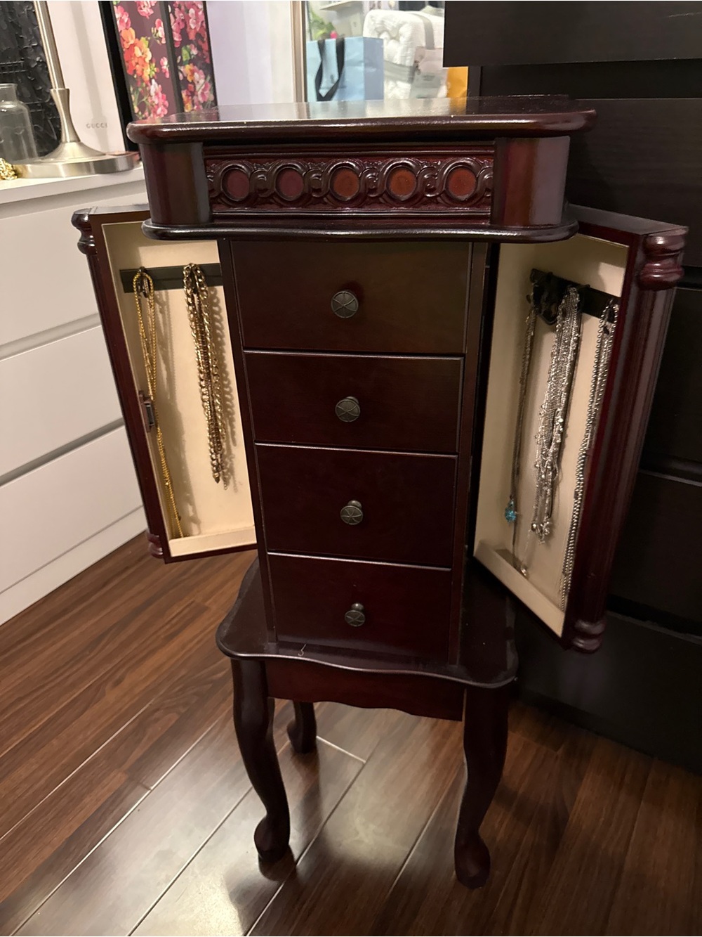 Standing Cherry Wooden Burgundy Jewelry Case Armoire with Side Doors Organizer